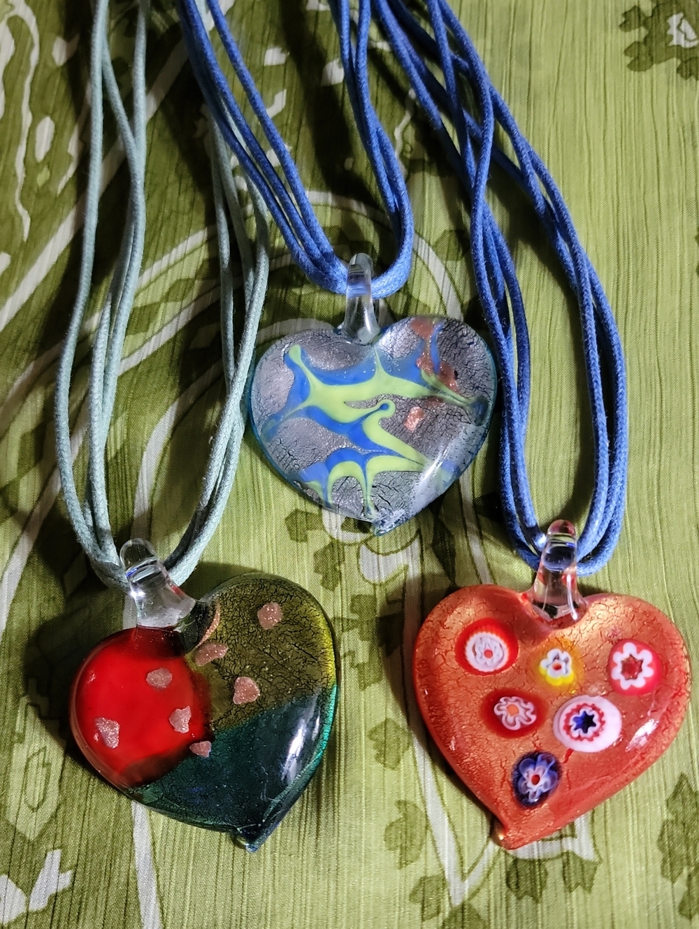 Murano Heart Glass Necklaces in Blue, Green, Red, Orange